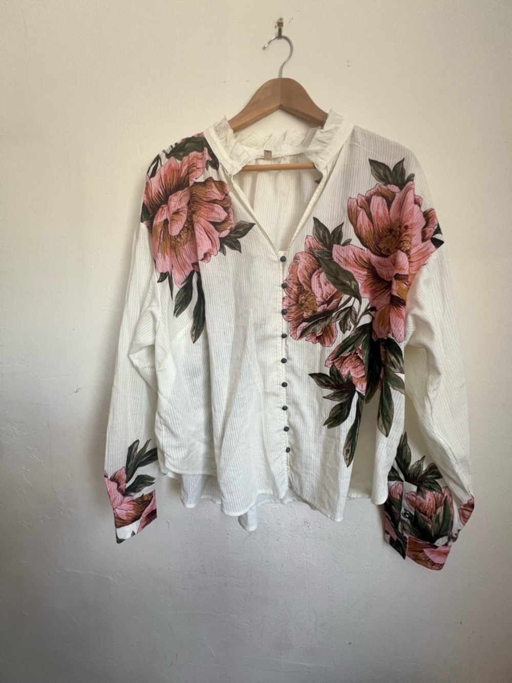 Anthropologie White Button-Down Blouse with Pink Floral Print